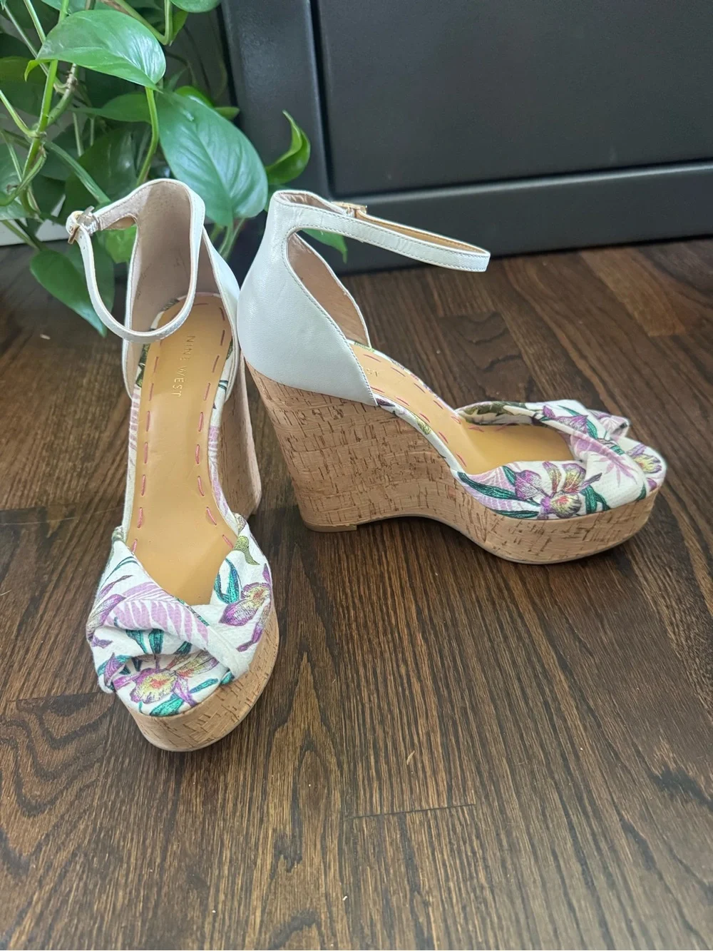 Nine West Floral Peep-Toe Ankle Strap Platform Sandals - Purple/Green